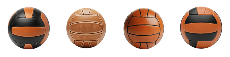 Set and collection of vintage brown leather volleyballs and antique sports balls with black stripes isolated on white transparent PNG background