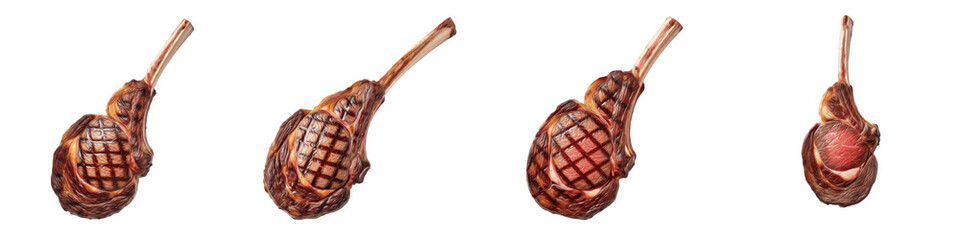 Set and collection of gourmet grilled lamb chops with crosshatch sear marks shown from different angles isolated on white transparent PNG background © incredibleshots