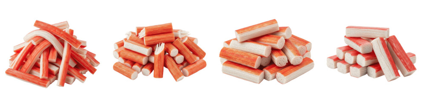 Set and collection of imitation crab meat surimi sticks in various heap arrangements isolated on white transparent PNG background