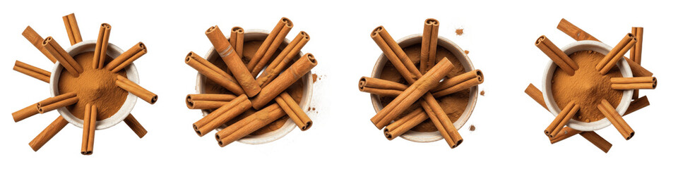 Set and collection of aromatic cinnamon sticks and ground cinnamon powder in white bowls isolated on white transparent PNG background