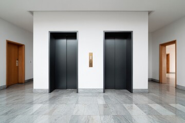 Modern building interior with two closed elevators and marble floor