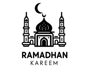 Elegant black and white illustration of a mosque and crescent moon, symbolizing the holy month of Ramadan. Perfect for Islamic festive greetings and spiritual reflection
