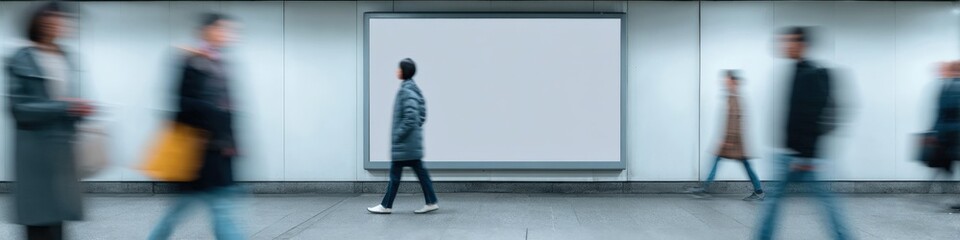 Blank billboard with blurred commuters in subway tunnel