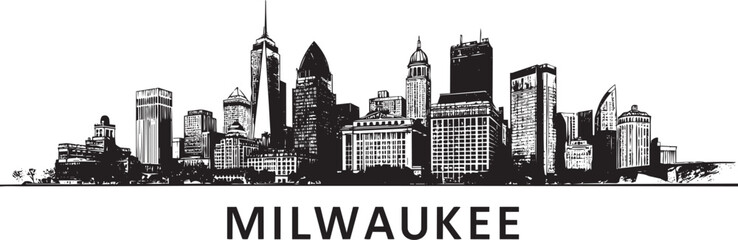 Obraz premium Milwaukee skyline vector graphic silhouette of city buildings and text