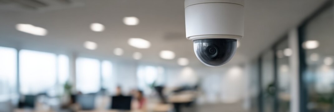 Security dome camera in modern office interior with blurred background