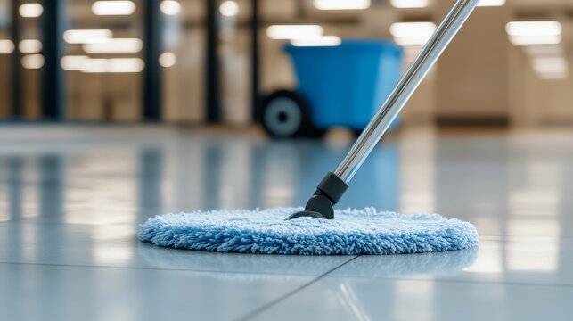 Close-up of cleaning mop on shiny floor in bright office environment