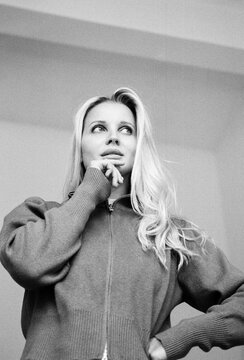 Pensive woman in monochrome portrait  
