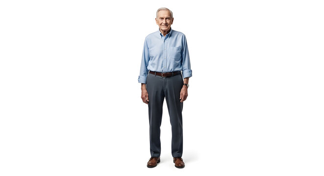 Full body portrait of a smiling elderly man with short grey hair, wearing a blue button-down shirt and grey trousers