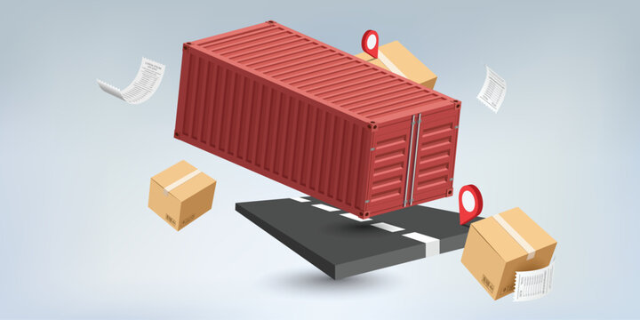 3D isometric cargo container logistics shipping concept with parcel boxes, delivery tracking location pins and receipts on mobile road platform, ecommerce fulfillment transport warehouse supply