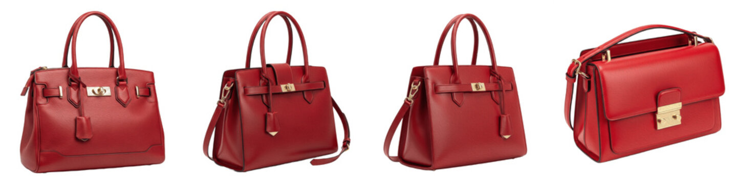 Set and collection of elegant red leather handbags and luxury fashion purses with gold hardware isolated on white transparent PNG background