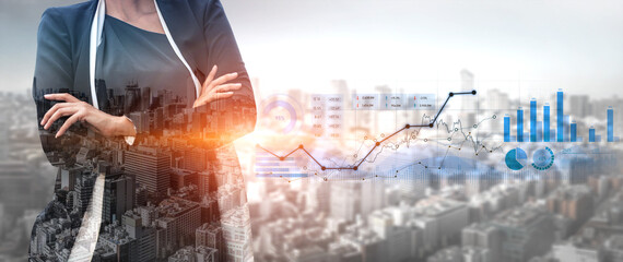 A confident businesswoman stands against a city skyline, featuring overlays of financial data and growth charts, symbolizing success and ambition in the corporate world. Scalp © InfiniteFlow