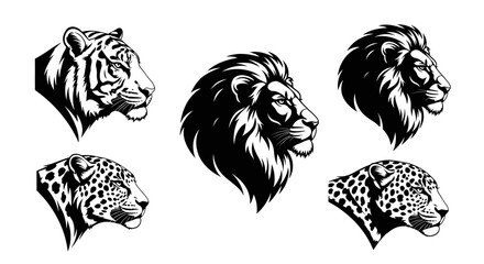 Obraz premium Graphic portraits of big cats in black and white profile view vector set