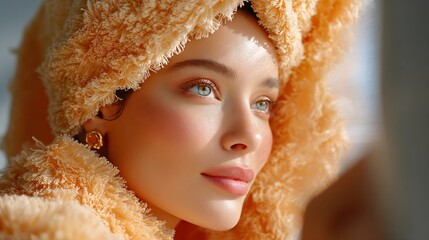 Woman Wearing Fuzzy Orange Hood Looking Away