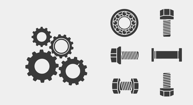 Collection of mechanical parts including gears and bolts displayed on a plain background from a straightforward viewpoint