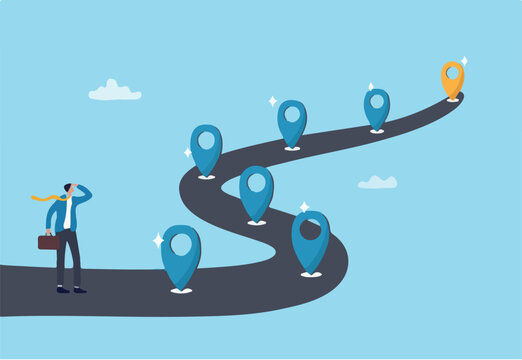 Success roadmap journey, milestone or career path achievement, route or pathway to achieve goals, accomplishment, assessment or way to success, businessman look at achievement milestone to su