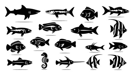 Black silhouette illustrations of various aquatic fish species and marine life © sri