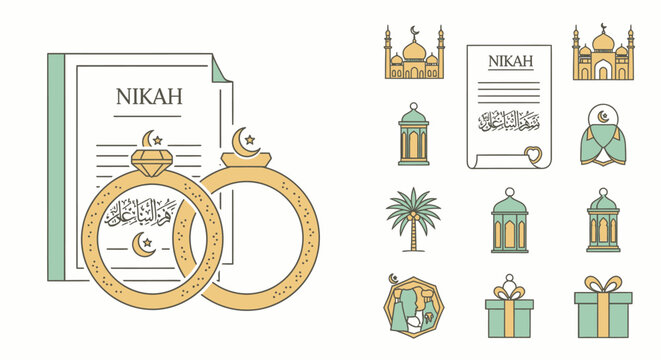 Illustration of Nikah ceremony elements including rings, documents, and mosque icons