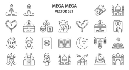 Collection of Islamic symbols and icons representing various aspects of faith and culture in a minimalist vector set