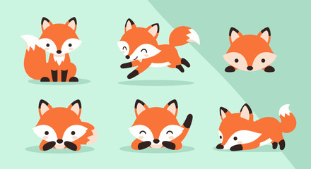 Obraz premium Cartoon foxes in various poses on a light green background vector illustration