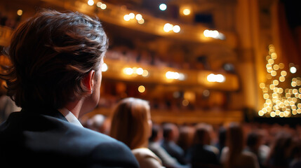 Fototapeta premium Faceless people attending event in elegant theater watching captivating performance cultural entertainment audience viewing indoor venue ambient lighting defocused theater