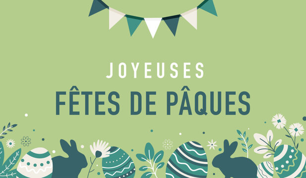 Banni&egrave;re festive de P&acirc;ques avec guirlande d&eacute;corative, &oelig;ufs color&eacute;s et silhouettes de lapins. Id&eacute;ale pour cartes, affiches, r&eacute;seaux sociaux et communication printani&egrave;re.