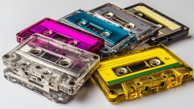 Colorful vintage audio cassettes arranged on a gray background