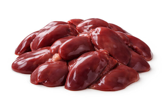 Raw chicken liver pile isolated on white background, fresh uncooked poultry offal ingredient for cooking, protein rich organic meat product close up food photography