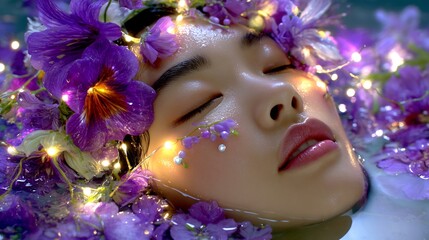 Serene Woman Face Surrounded by Purple Flowers and Glittering Lights