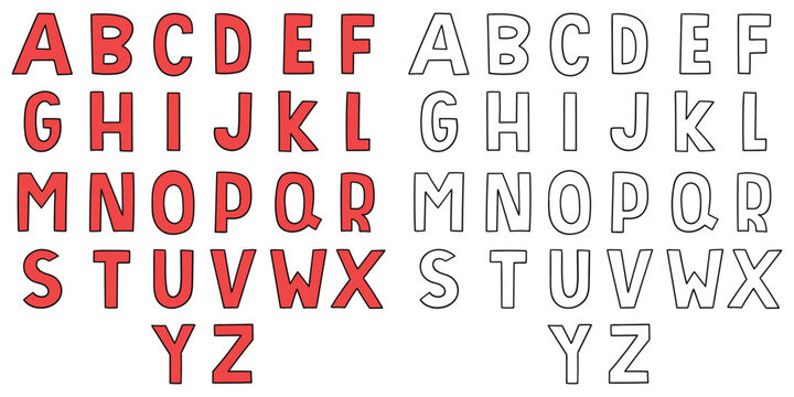 Hand-drawn cartoon and doodle set of english letters alphabet on white background.