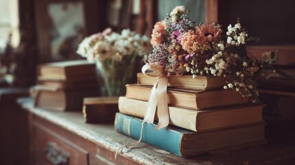 Vintage books and flowers on rustic wooden table