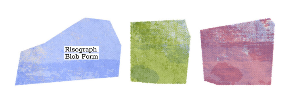 Risograph geometric abstract blob background. Vector abstract irregular shapes with grainy dot distressed effect. Place for text for poster, eco branding, retro design. Stencil riso halftone texture.