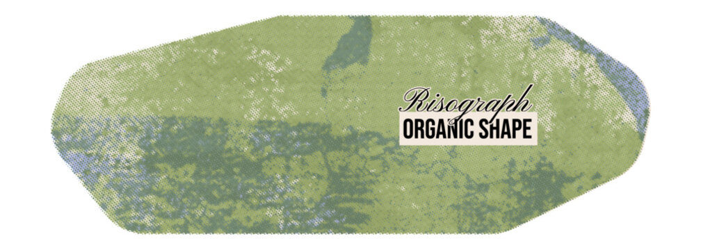 Green risograph print organic background with place for text. Dotted stencil halftone texture overlay. Abstract irregular ink figure with grainy effect. Vector geometric text box frame for design.