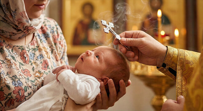 Orthodox priest performs baptism sacrament anointing baby hair with chrism cross, mother in headscarf holds infant white clothes lit candles icons church ceremony concept.