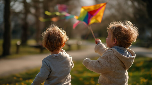 Cute faceless little children playing with colorful kite outdoors on sunny day childhood recreation spring activity outdoor fun seasonal play bright natural daylight