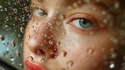 Woman Looking Through Rainy Window Close-up