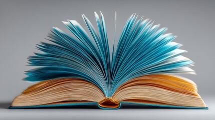 Naklejka premium Open blue and yellow book with fanned pages on gray background