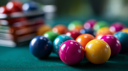 Colorful bingo balls on green table surface game equipment recreational activity chance based entertainment leisure gaming bright colors simple composition with copy space