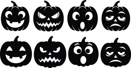 Obraz premium Collection of eight carved halloween pumpkins with different spooky faces