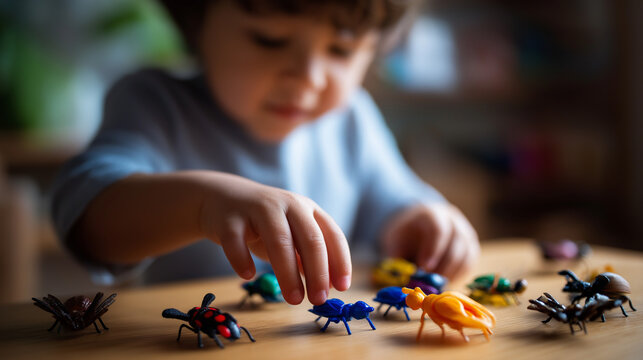 Child's hands playing with toy insects educational game made with play material fine motor skills development sensory play for toddlers learning activity defocused play