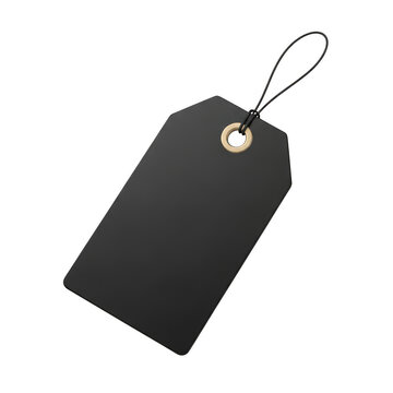 A black shipping tag with a silver grommet and string attachment. isolated on transparent background