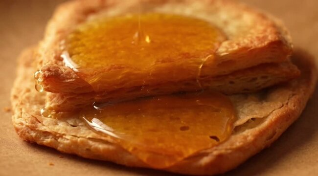 Honey Being Poured on Toasted Bread.