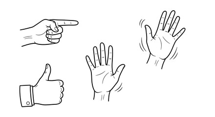 Fototapeta premium Various hand gestures including pointing, waving, and thumbs up are illustrated.