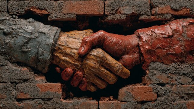 Stone hands shaking in symbolic unity against brick background
