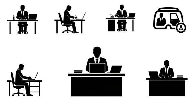 Business professionals working on laptops in various office settings and a delivery van graphic illustration zz 185