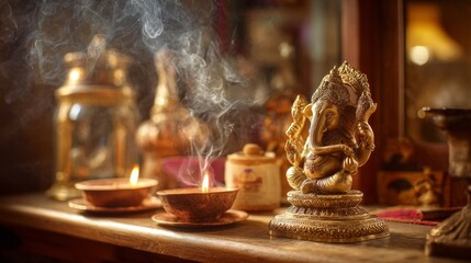 Brass ganesha statue with incense smoke and lit oil lamps on wooden altar