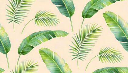 Obraz premium Seamless tropical pattern with green palm leaves and banana leaves on light background