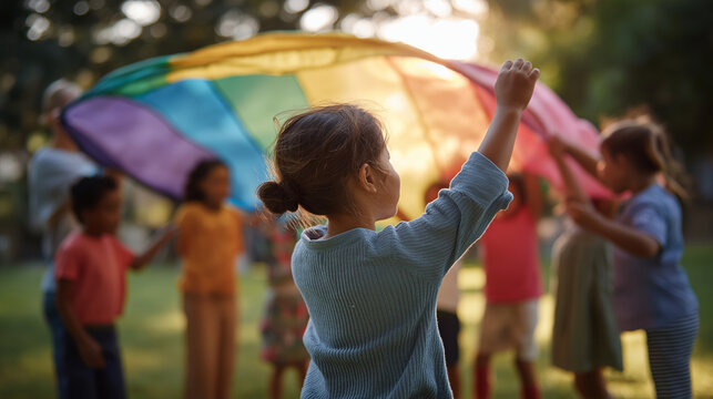 Group of faceless children and teacher playing with rainbow playground parachute on green grass summer camp activity outdoor group recreation educational play natural daylight