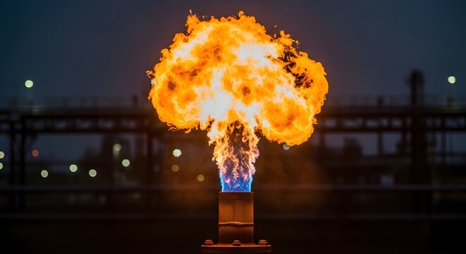 Industrial Flame Burning Brightly at Night in a Factory Setting.