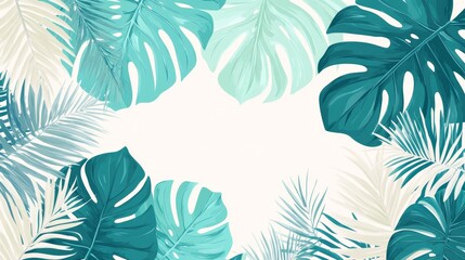 Fototapeta premium Tropical leaf border design with green monstera leaves and palms