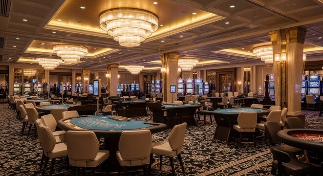 Elegant casino interior with tables lights and slot machines creating ambiance